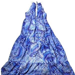 BOSTON PROPER Maxi Dress Bohemian Peasant Tiered Blue Feather Print Size 6